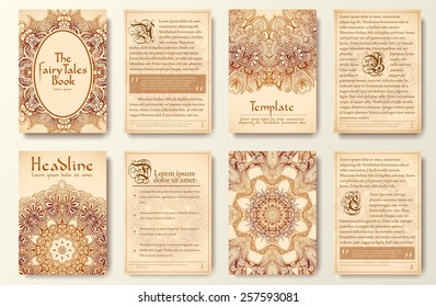 Set of old fary tail flyer pages ornament illustration concept. Vintage art traditional, Islam, arabic, indian, ottoman motifs, elements. Vector decorative retro greeting card or invitation design. 