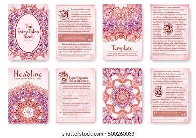 Set of old fary tail flyer pages ornament illustration concept. Vintage art traditional, Islam, arabic, indian, ottoman motifs, elements. Vector decorative retro greeting card or invitation design. 