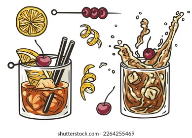 Set of old fashioned cocktails with ice, orange and cherry for design of bar menu. American alcochol cocktails with whisky and bourbon for drink party