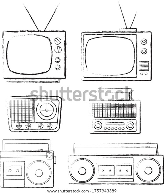 Set of old fashioned nostalgic electronics:\
monochrome sketch of TV, radio and cassette tape recorder. Vintage\
80s. Grunge vector\
illustration.