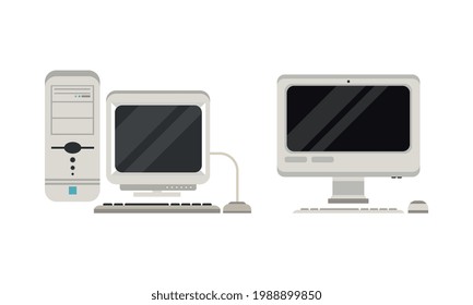 Set of Old Fashioned Personal Computers, Retro Office Workspace Devices, Pc Monitor with Keyboard and Mouse Flat Vector Illustration