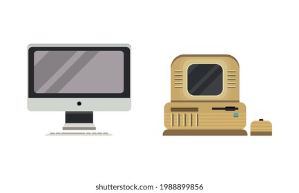 Set of Old Fashioned Personal Computers, Retro Office Workspace Devices Flat Vector Illustration