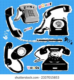 Set of old fashioned phones with handsets in halftone dotted style. Isolated collage paper stickers. Offset printing style imitation. Vector illustration.