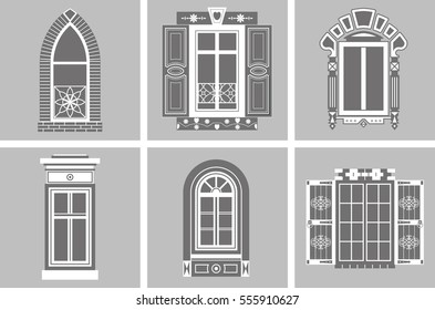 Set of old fashioned windows of different designs isolated on gray background