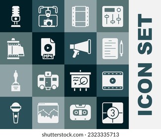 Set Old film movie countdown frame, Play Video, Scenario, MP4 file document, Camera roll cartridge, Microphone and Megaphone icon. Vector