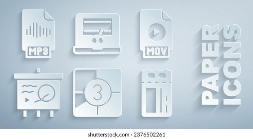 Set Old film movie countdown frame, MOV file document, Scenario on chalkboard, Cinema ticket, Video recorder laptop and MP3 icon. Vector