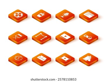 Set Old film movie countdown frame, Cinema chair, Director, Rope barrier, Online play video, Camera roll cartridge and Media projector icon. Vector