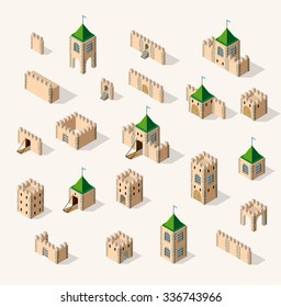 Set old fortress fort. Isometric view vintage medieval building home