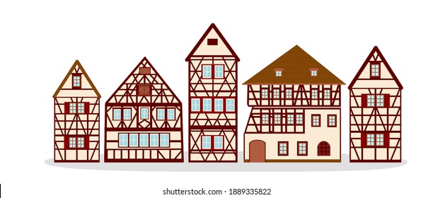 Set of Old german houses with red wooden beams ang beige elements. colored half timbered building. Flat facades of european framing houses, cottages