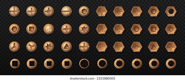 Set of old gold screw top view. Construction and repair inventory on copy space. Caps with grooves and holes. Realistic isometric vector collection isolated on transparent background