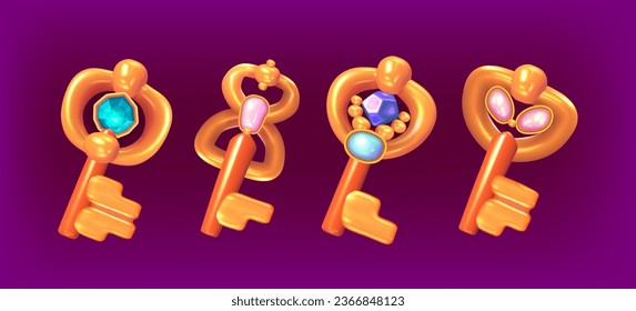 Eine Reihe von alten goldenen Schlüsseln aus Elementen mit leuchtenden Edelsteinen und Kristallen. Sammlung von SpielRequisiten, Level Awards. Gui Design-Elemente, magische Objekte. Cartoon-Grafiken für Quest, RPG oder Arcade.