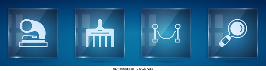 Set Old gramophone, Hairbrush, Rope barrier and Magnifying glass. Square glass panels. Vector