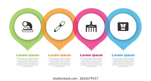 Set Old gramophone, Silver spoon, Hairbrush and Butterfly in frame. Business infographic template. Vector
