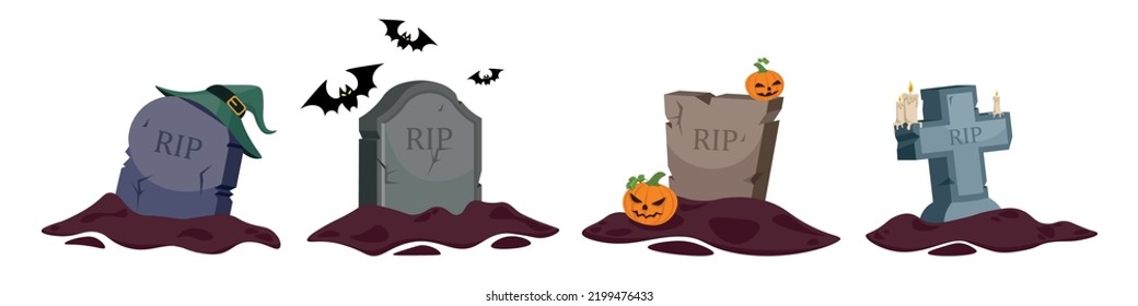Set of old graves in cartoon style. Vector illustration of scary coffins for halloween with magic hat, bats, pumpkins and candles on white background.