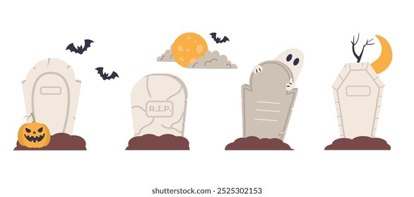 Conjunto de tumbas antiguas. Diseño de concepto de Halloween aislado en blanco. Ilustración vectorial dibujada a mano