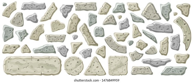 Set of old gray stones. Vector rocks for computer games isolated on white background.