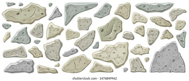 Set of old gray stones. Vector rocks for computer games isolated on white background.