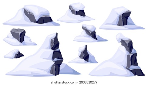 Set of old grey stones in snow. Broken cartoon rocks and snowdrifts. Ice age. Vector crag in winter. Aftermath of a natural disaster.