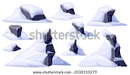 Set of old grey stones in snow. Broken cartoon rocks and snowdrifts. Ice age. Vector crag in winter. Aftermath of a natural disaster.