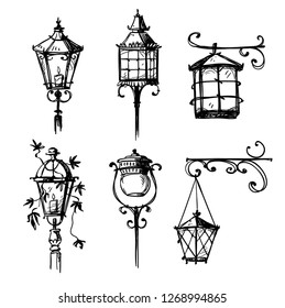 Set of old hand drawn street lamps, vector illustration 