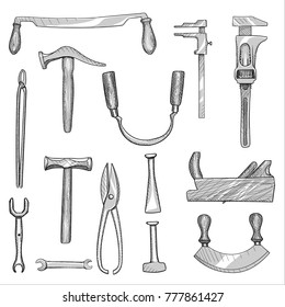 Set of old hand tools for manual workshops. Free hand drawing of collection of old hand tools for craftsmen and manufacturers.
