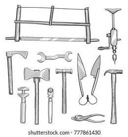 Set of old hand tools for manual workshops. Free hand drawing of collection of old hand tools for craftsmen and manufacturers.
