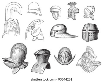 Set of old helmets / illustration from Meyers Konversations-Lexikon 1897