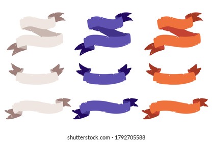 Set of Old holey ribbons for lettering, decoration of Halloween invitations, pirate party, etc. Vector isolated childish illustration in simple cartoon hand-drawn style on white background.