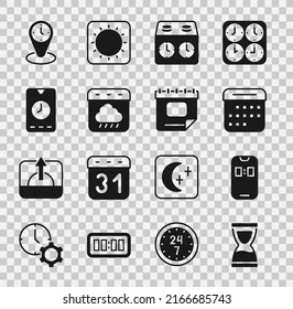 Set Old hourglass, Alarm clock app mobile, Calendar, Time chess, autumn, zone clocks and  icon. Vector