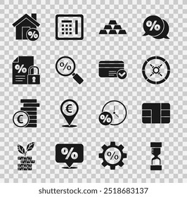 Set Old hourglass, Credit card with chip, Safe, Gold bars, Magnifying percent, Finance document and lock, House percant discount and  icon. Vector