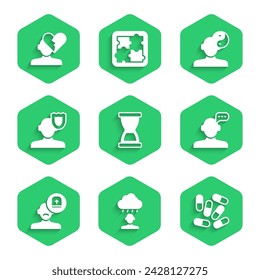 Set Old hourglass, Depression and frustration, Medicine pill or tablet, Online psychological counseling, Male doctor, Psychology, Yin Yang symbol and Broken heart divorce icon. Vector