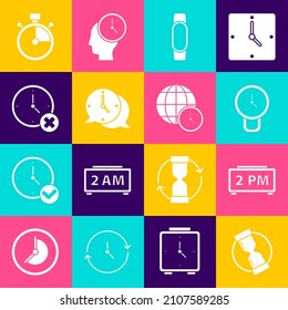 Set Old hourglass, Digital alarm clock, Clock, Smartwatch, speech bubble, delete, Stopwatch and World time icon. Vector