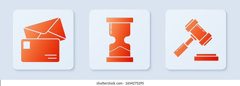 Set Old hourglass, Envelope and Judge gavel. White square button. Vector