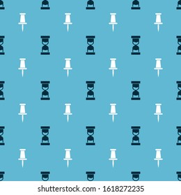 Set Old hourglass with flowing sand and Push pin on seamless pattern. Vector