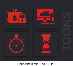 Set Old hourglass with flowing sand, Closed wallet with lock, Financial chart or graph on the computer monitor and mobile phone and Stopwatch icon. Vector