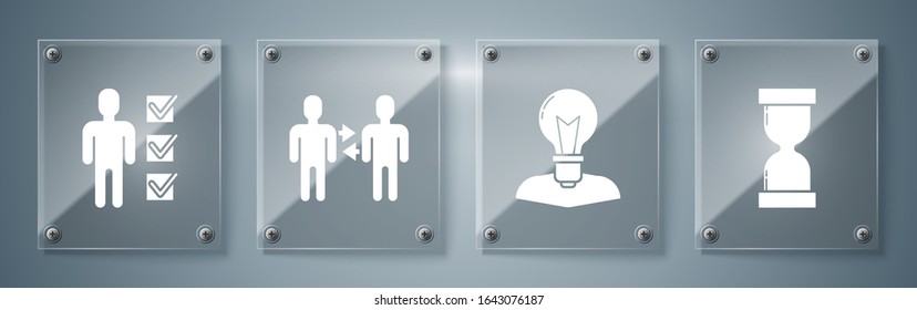 Set Old hourglass with flowing sand, Human head with lamp bulb, Project team base and User of man in business suit. Square glass panels. Vector