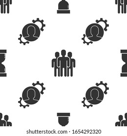 Set Old hourglass with flowing sand, Users group and Human with gear inside on seamless pattern. Vector