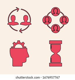 Set Old hourglass with flowing sand, Human resources, Project team base and Human with gear inside icon. Vector