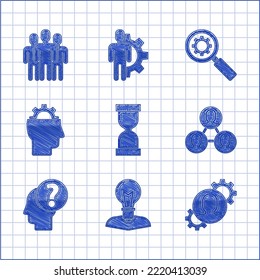 Set Old hourglass with flowing sand, Human head lamp bulb, gear inside, Project team base, question mark, Magnifying and Users group icon. Vector