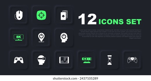 Set Old hourglass, Game controller or joystick, Power button, Web camera, Computer monitor, Virtual reality glasses, Target sport and Portable video game console icon. Vector