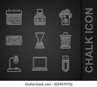 Set Old hourglass, Laptop, USB flash drive, Trash can, Table lamp, Mail and e-mail, Cloud database and Calendar icon. Vector