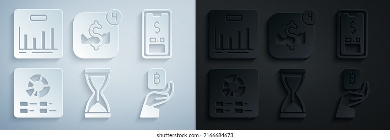 Set Old hourglass, Mobile with dollar, Pie chart infographic, Hand holding Bitcoin, stock trading and  icon. Vector
