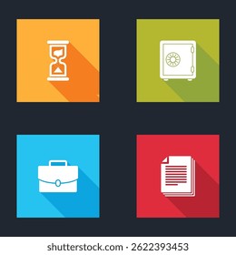 Set Old hourglass, Safe, Briefcase and Document icon. Vector