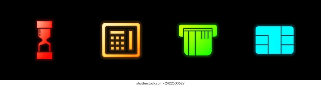 Set Old hourglass, Safe, Credit card and with chip icon. Vector