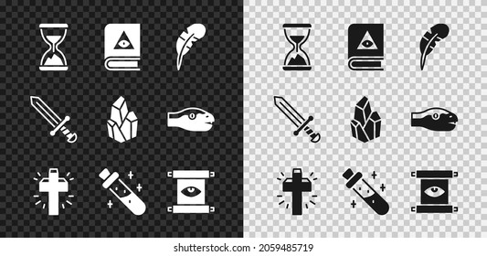 Set Old Hourglass With Sand, Ancient Magic Book, Feather Pen, Christian Cross, Bottle Potion, Scroll, Medieval Sword And Magic Stone Icon. Vector