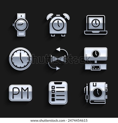 Set Old hourglass with sand, To do list or planning, Daily paper notepad, Smart Tv time, Day, Clock, Laptop and Wrist watch icon. Vector