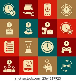 Set Old hourglass with sand, Gamepad of time, Clock shield, Alarm clock app mobile, Coffee, Work, Time is money and Fast food icon. Vector