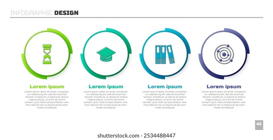 Set Old hourglass with sand, Graduation cap, Office folders and Solar system. Business infographic template. Vector