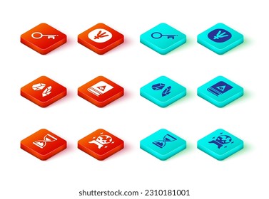 Set Old hourglass with sand, Magic ball, stone, Ancient magic book, Neptune planet and key icon. Vector