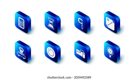Set Old hourglass with sand, Micrometer, Diagonal measuring, Pressure water, Measuring instrument, Radius, Scales and Calculator icon. Vector
